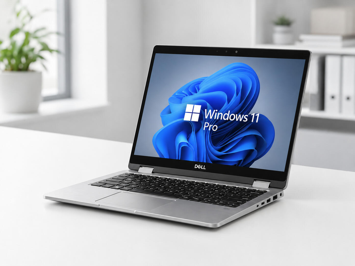 Dell Latitude 7420 with Windows 11 Pro Full view of the silver Dell Latitude 7420 business laptop displaying Windows 11 Pro